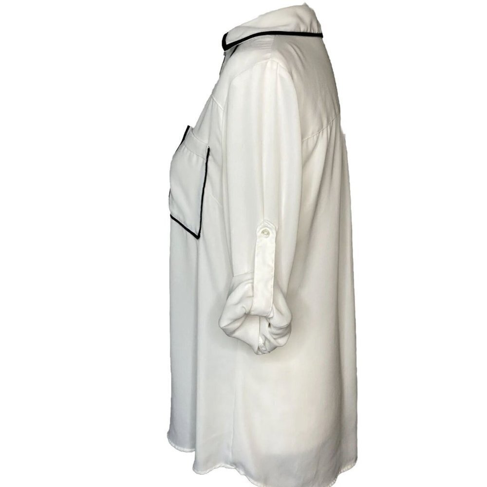 Express The Portofino Shirt Medium Ivory Black Piping Button Up Blouse Top - Picture 5 of 12